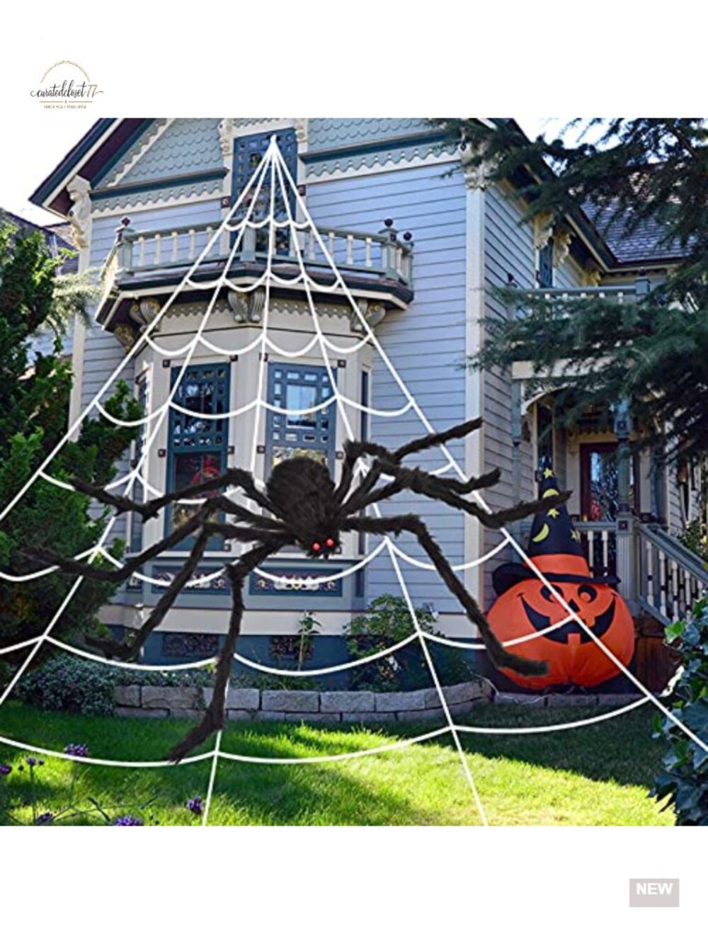 Giant 200in Halloween Spider Web with 59in Furry Spider Outdoor Decor